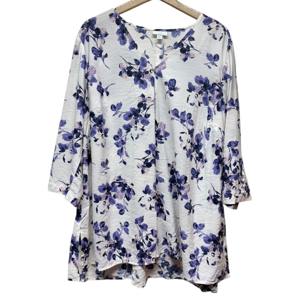 J. Jill Women XL Floral Tunic Top 3/4 Sleeve Purple White Lagenlook‎ Boho V-Neck